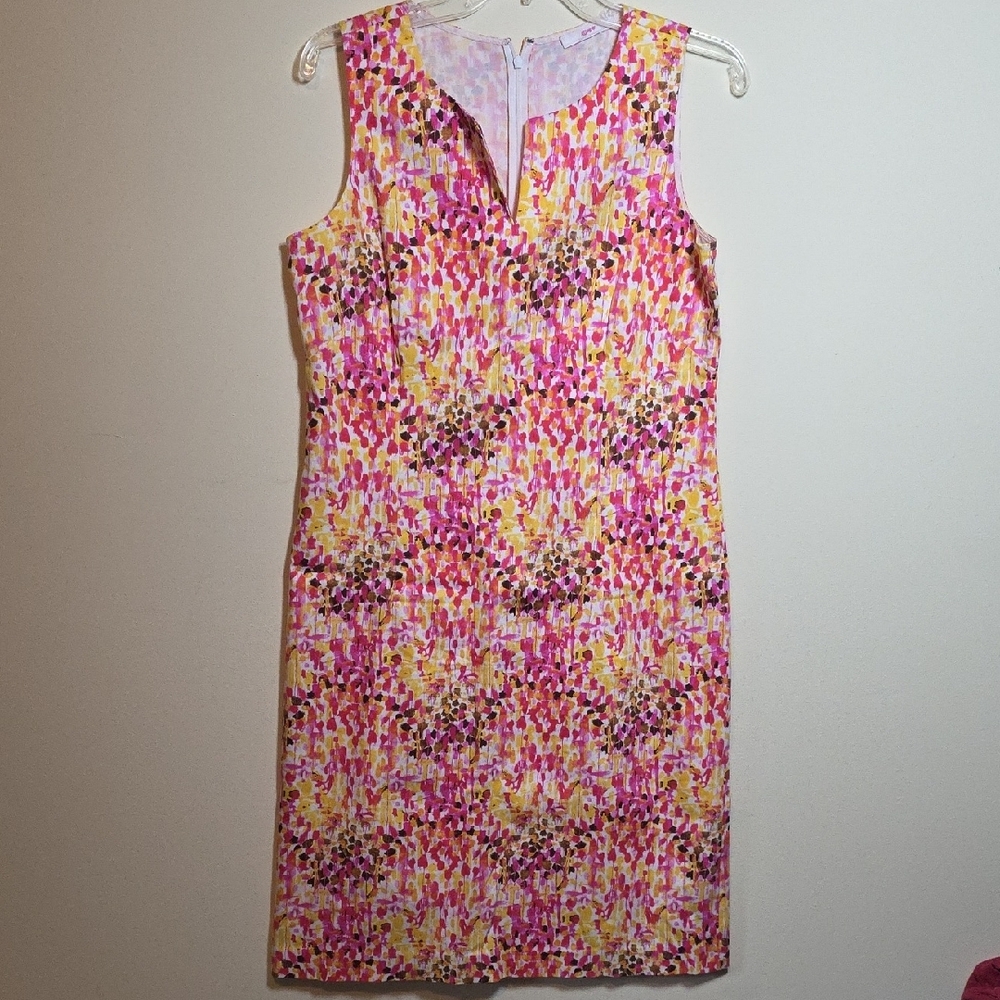Leggiadro Pink and Yellow Split Neck Sheath Dress Midi. Size 10